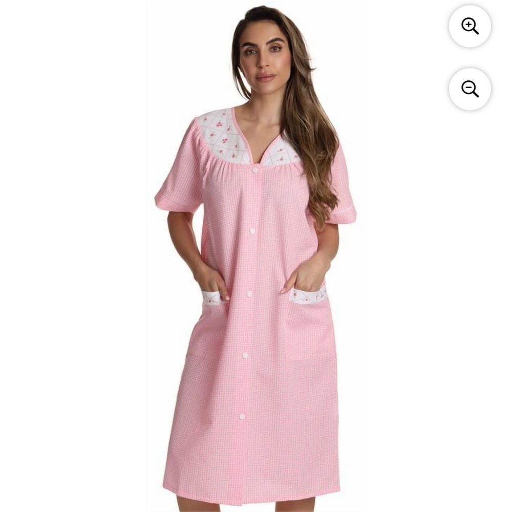 Pink Gingham housecoat Robe/ nightgown with Floral Accents